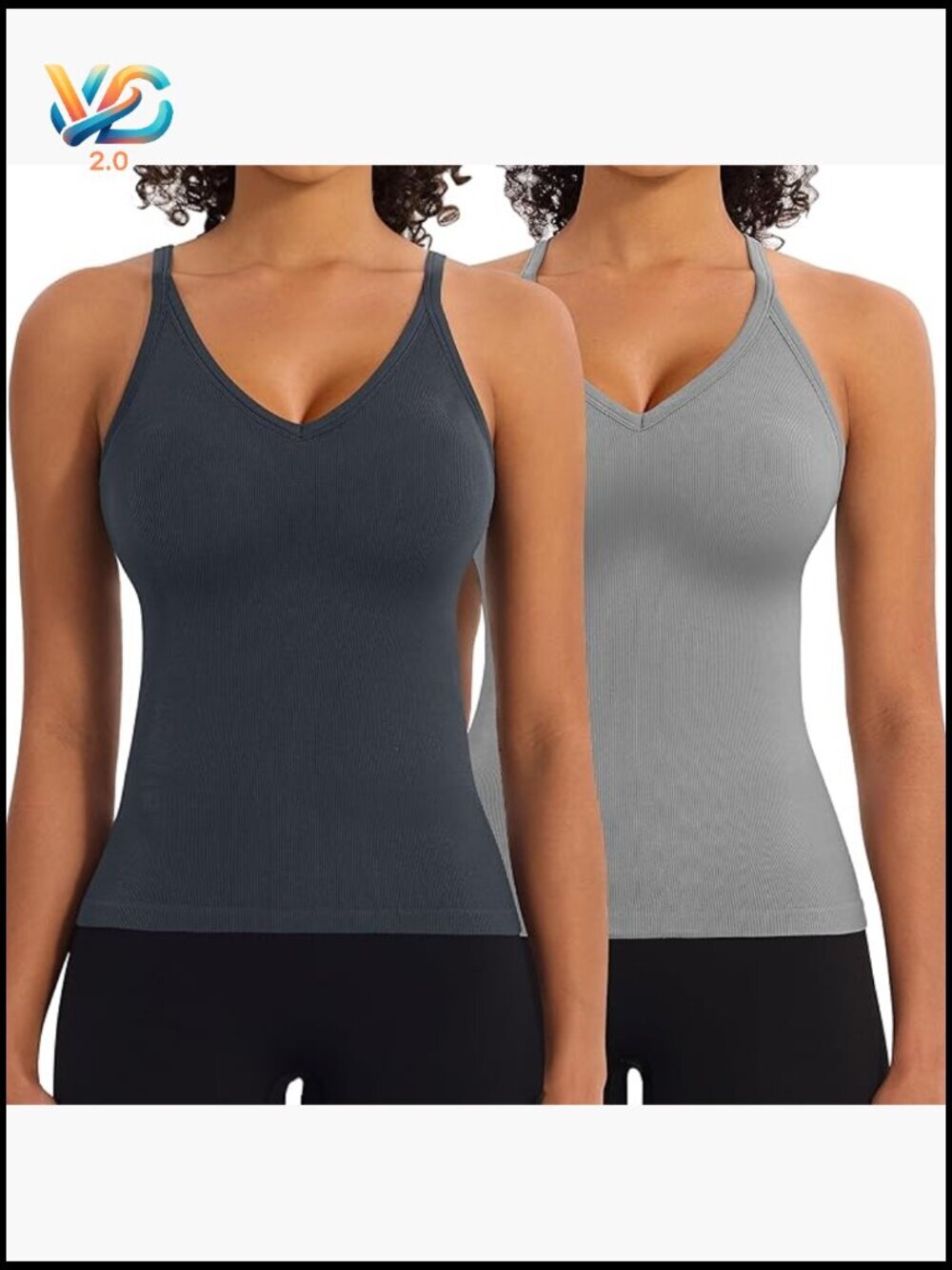 2 Pack Seamless Ribbed Tank Tops with Built-in Bra, V-Neck, Adjustable Straps